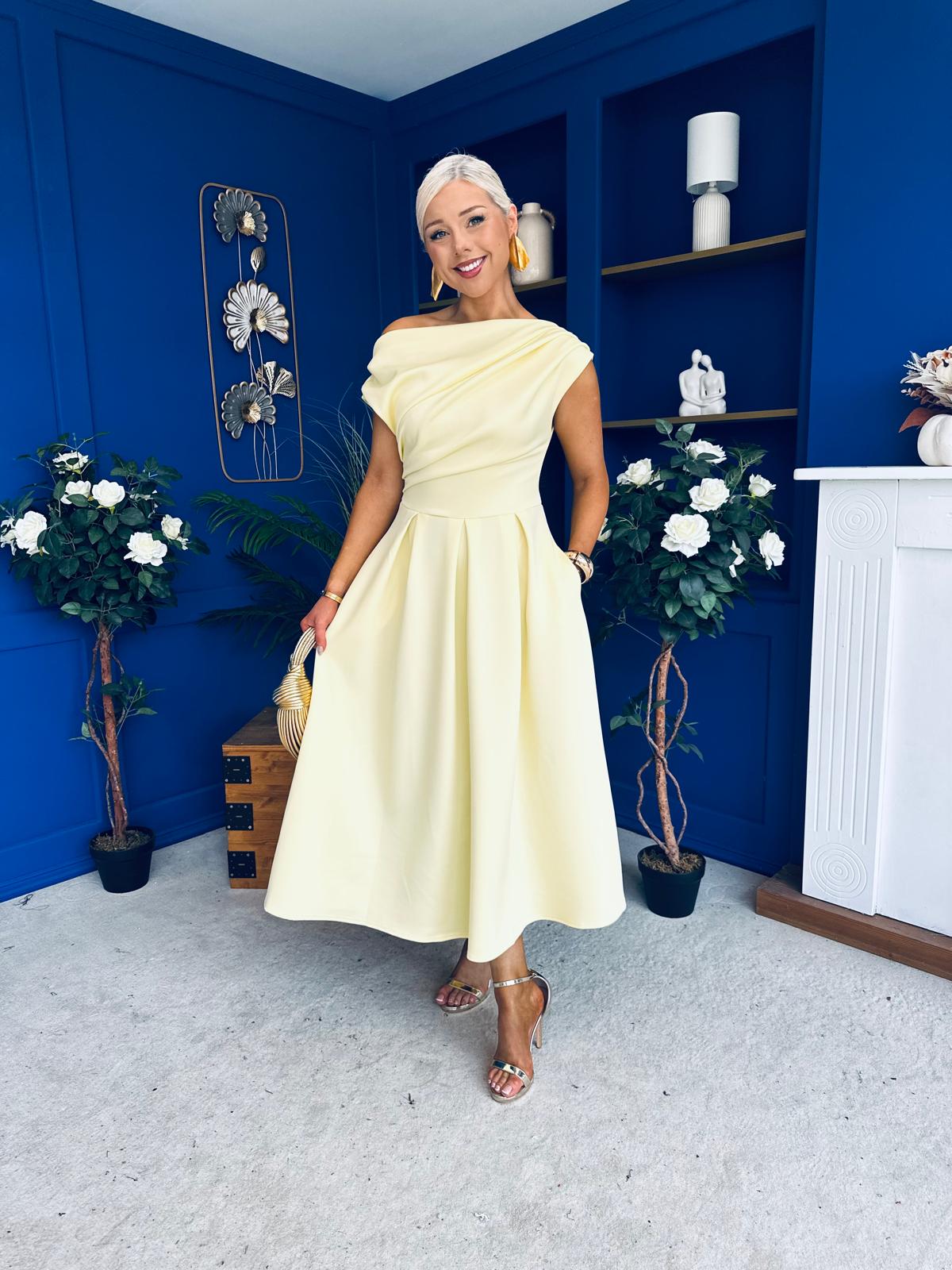 Breffy Asymmetric Neckline Skater Midi Yellow