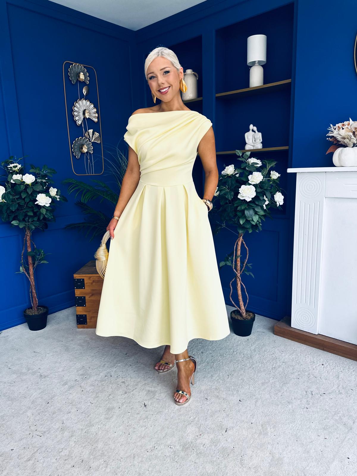 Breffy Asymmetric Neckline Skater Midi Yellow