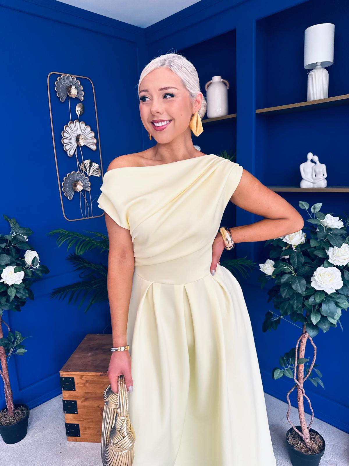 Breffy Asymmetric Neckline Skater Midi Yellow