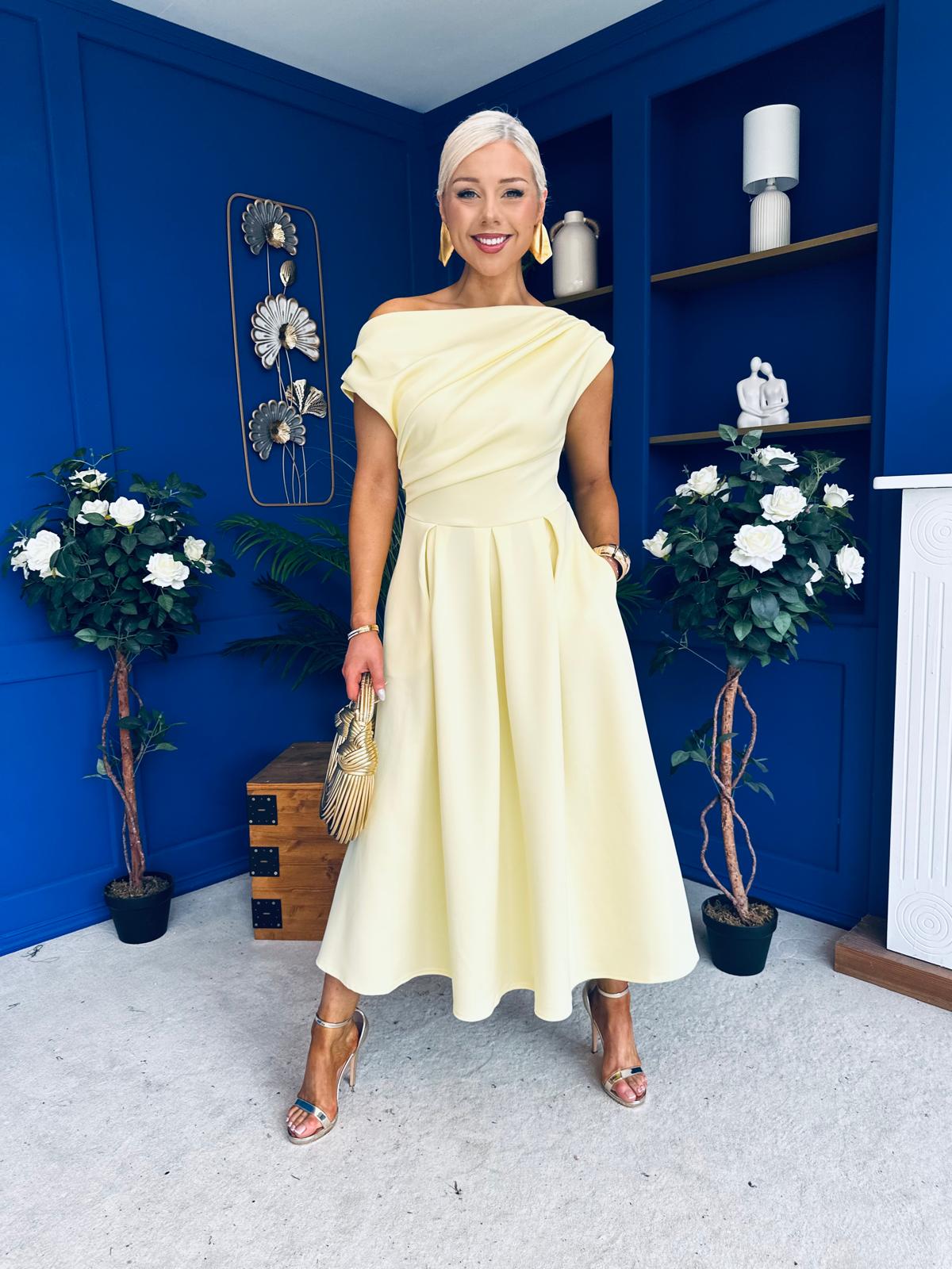 Breffy Asymmetric Neckline Skater Midi Yellow