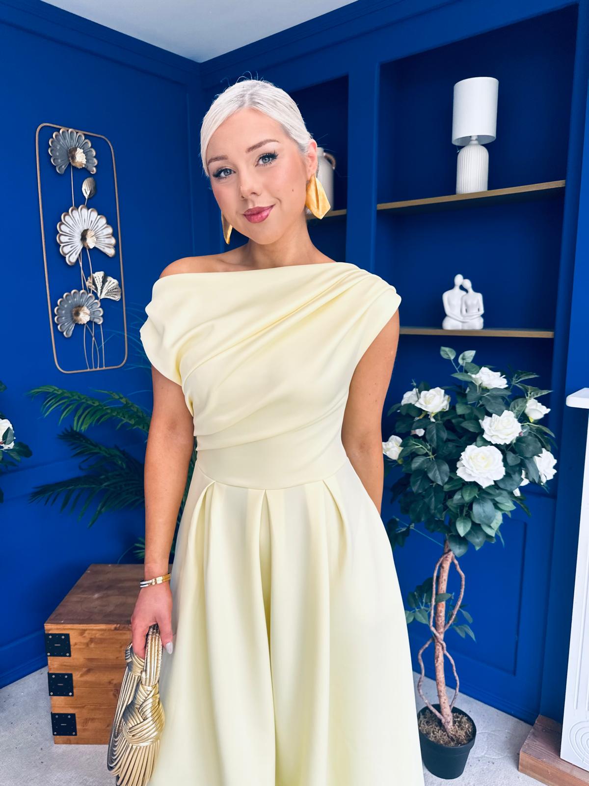 Breffy Asymmetric Neckline Skater Midi Yellow