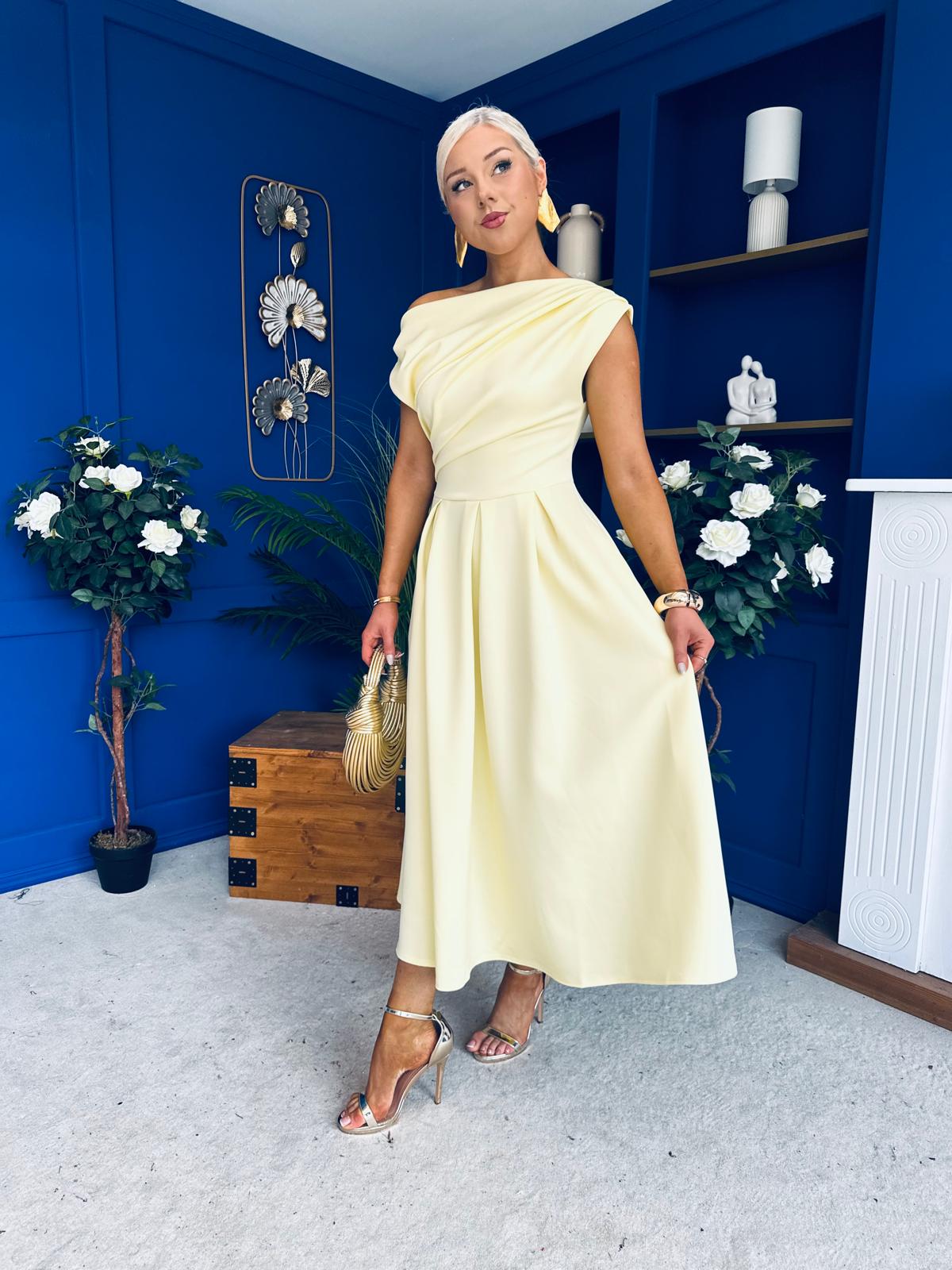 Breffy Asymmetric Neckline Skater Midi Yellow