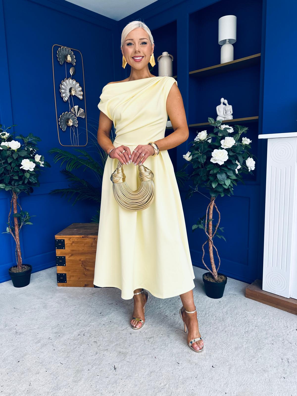 Breffy Asymmetric Neckline Skater Midi Yellow