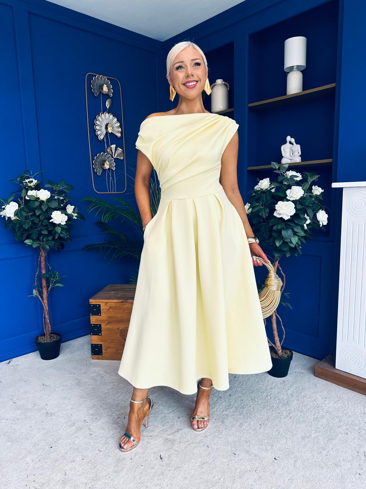 Breffy Asymmetric Neckline Skater Midi Yellow