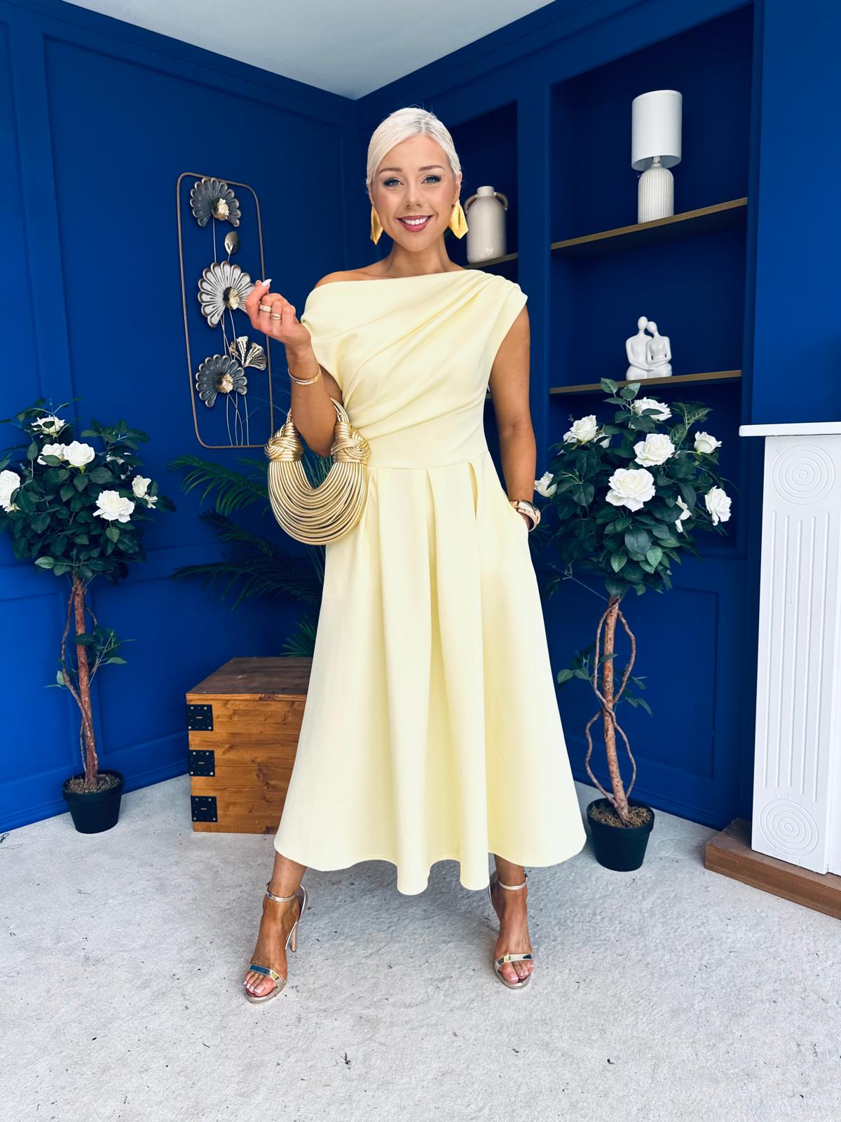 Breffy Asymmetric Neckline Skater Midi Yellow