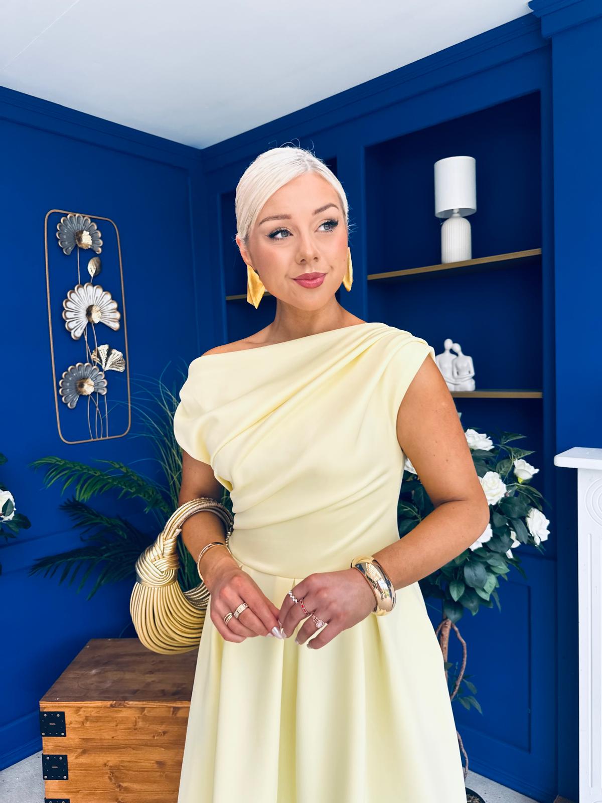 Breffy Asymmetric Neckline Skater Midi Yellow