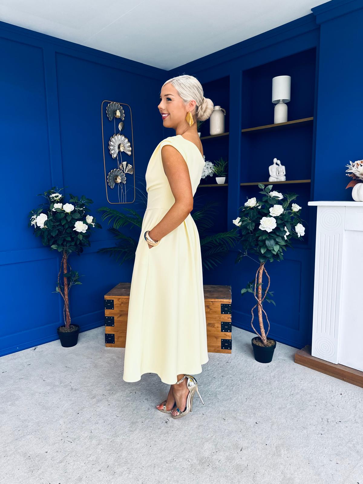 Breffy Asymmetric Neckline Skater Midi Yellow