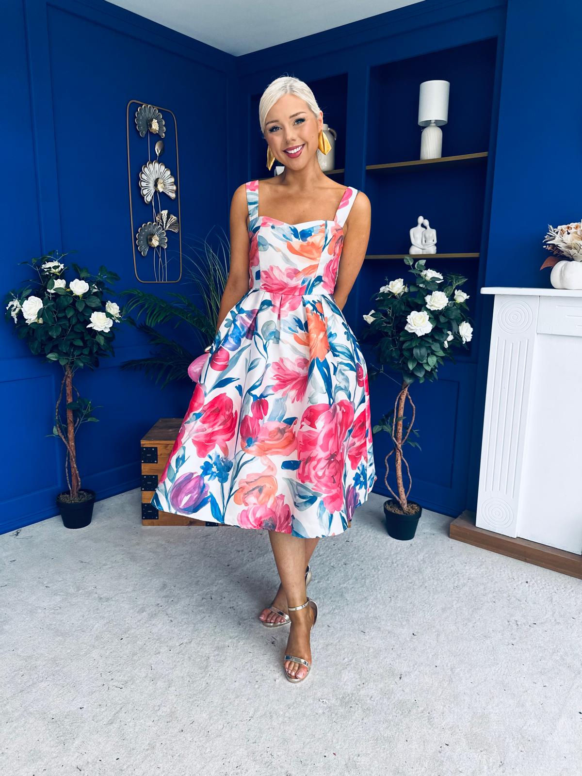 Raisa Strappy Sweetheart Neck Midi Dress Floral