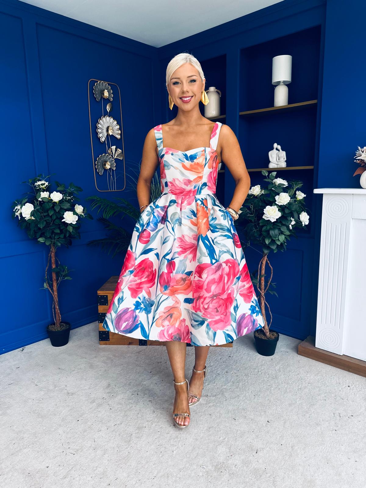 Raisa Strappy Sweetheart Neck Midi Dress Floral