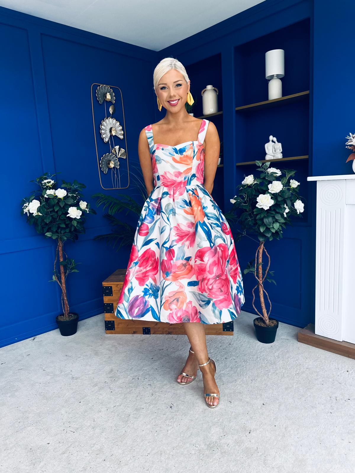 Raisa Strappy Sweetheart Neck Midi Dress Floral