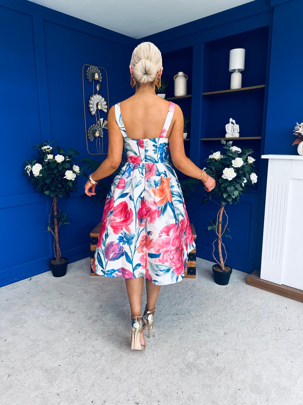 Raisa Strappy Sweetheart Neck Midi Dress Floral