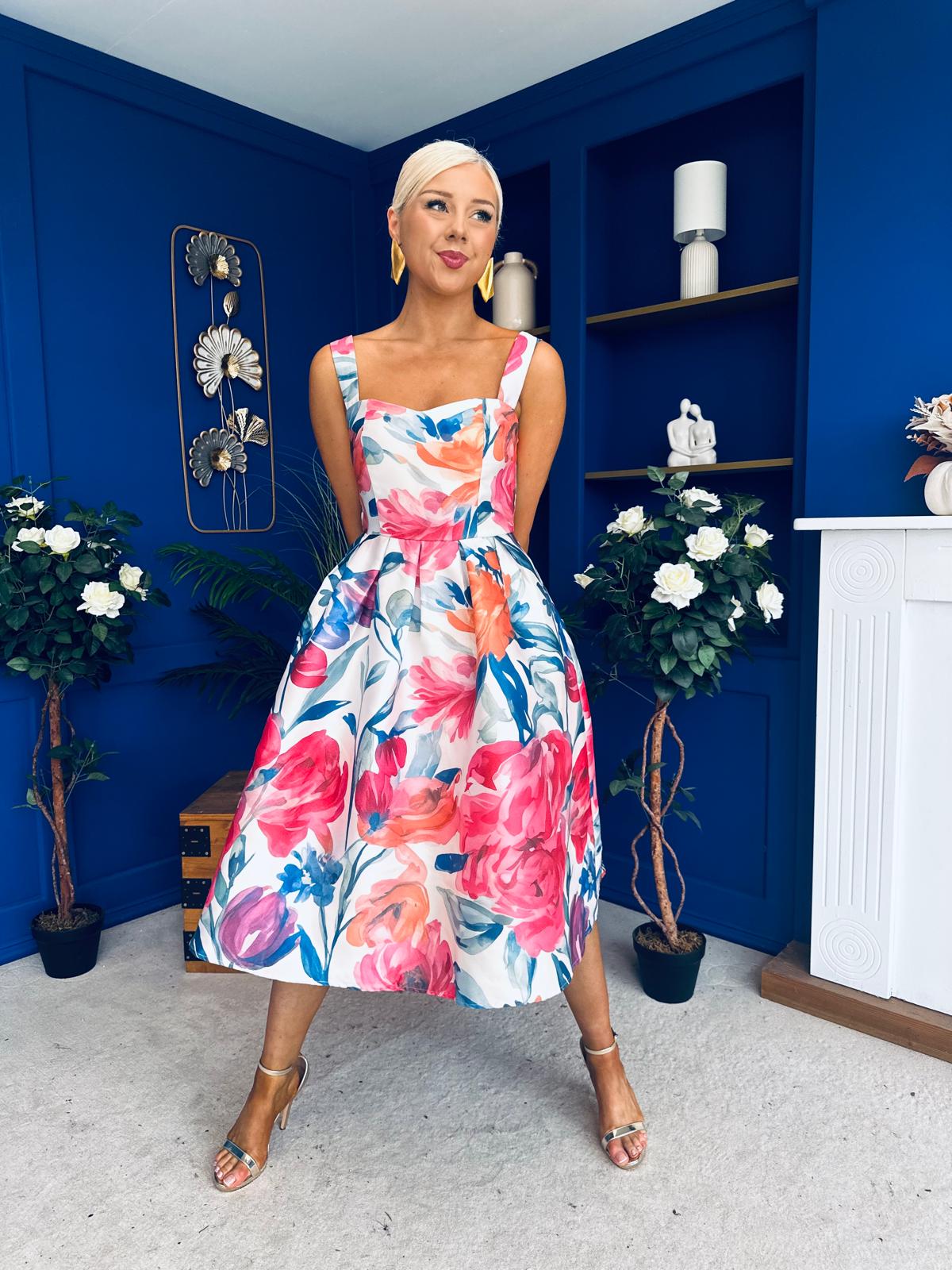 Raisa Strappy Sweetheart Neck Midi Dress Floral