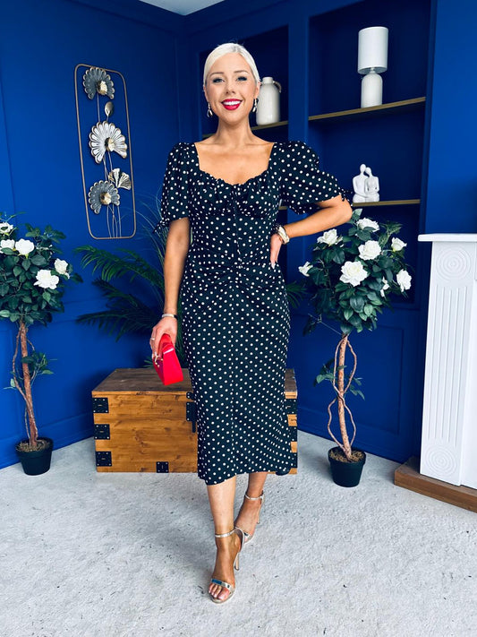 Dove Ruched Detail Midi Dress Polka Black