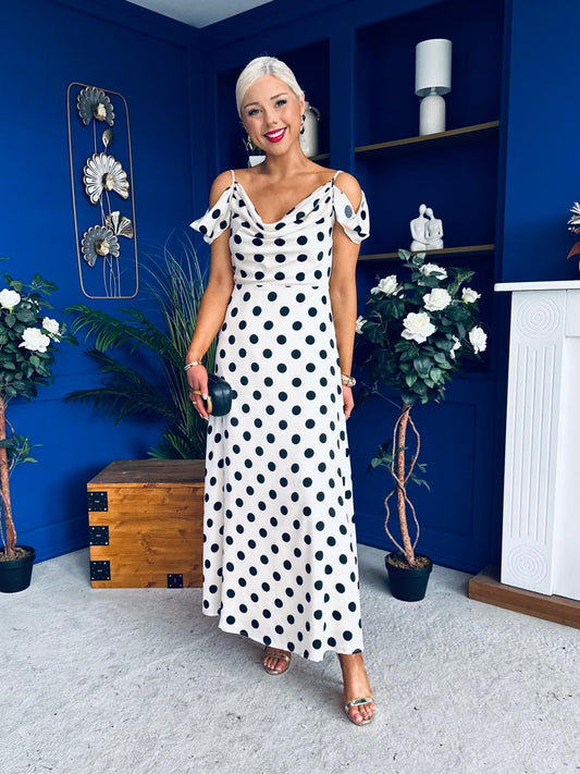 Julie Cowl Neck Maxi Dress Polka Cream