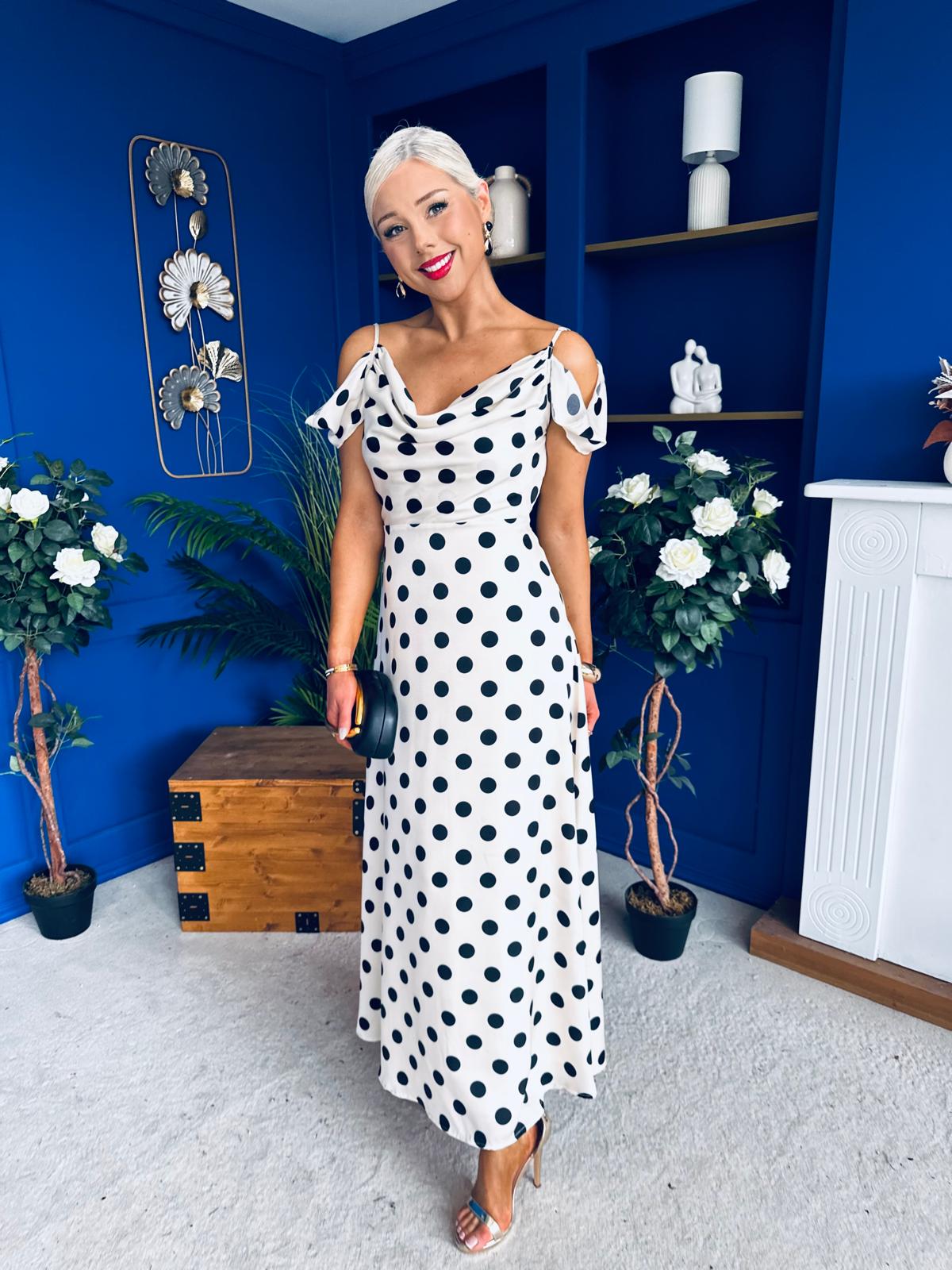 Julie Cowl Neck Maxi Dress Polka Cream