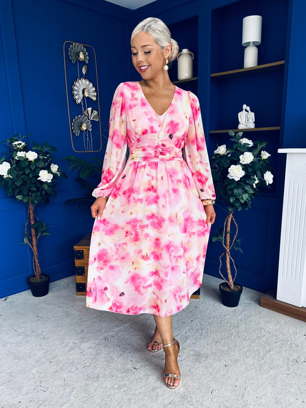 Bronagh Banded Midi Dress Floral Pink