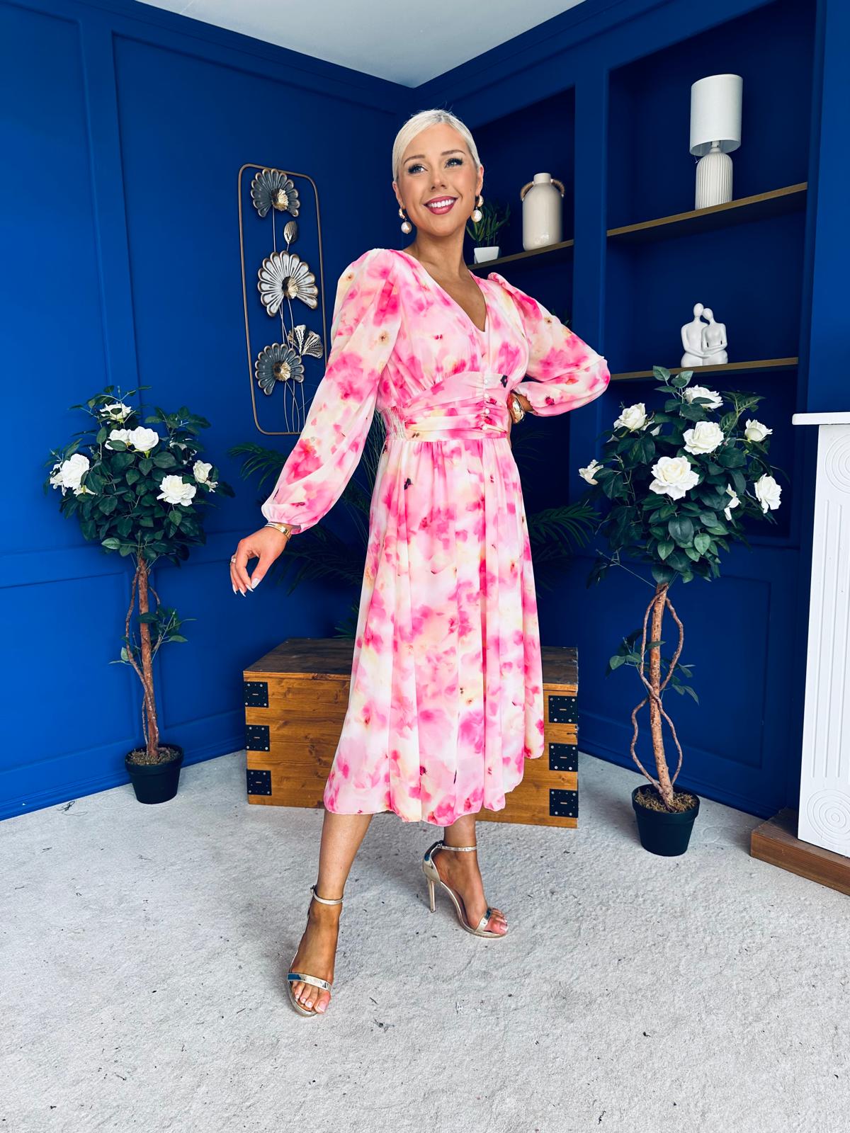 Bronagh Banded Midi Dress Floral Pink