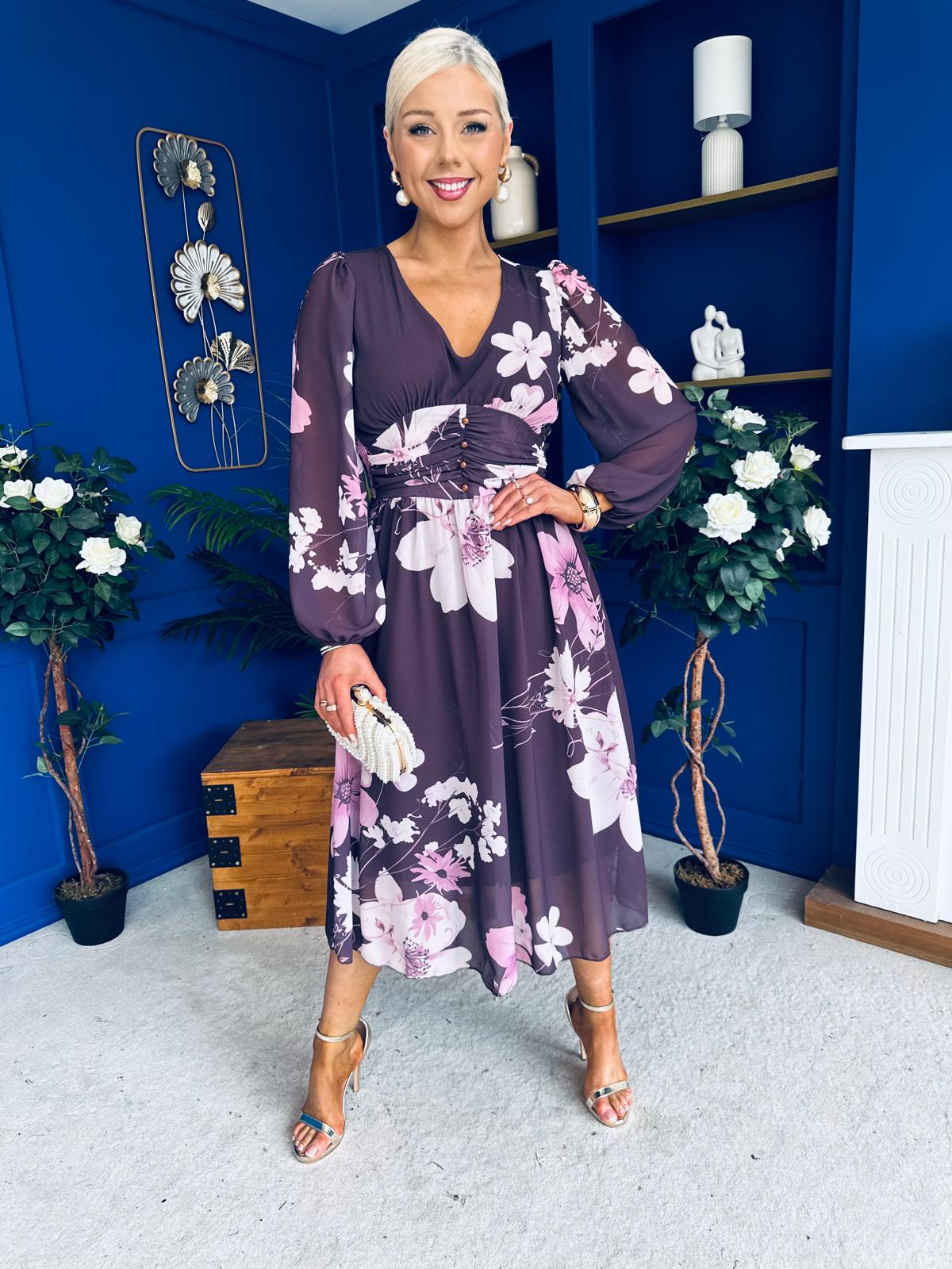 Bronagh Banded Midi Dress Floral Burgundy