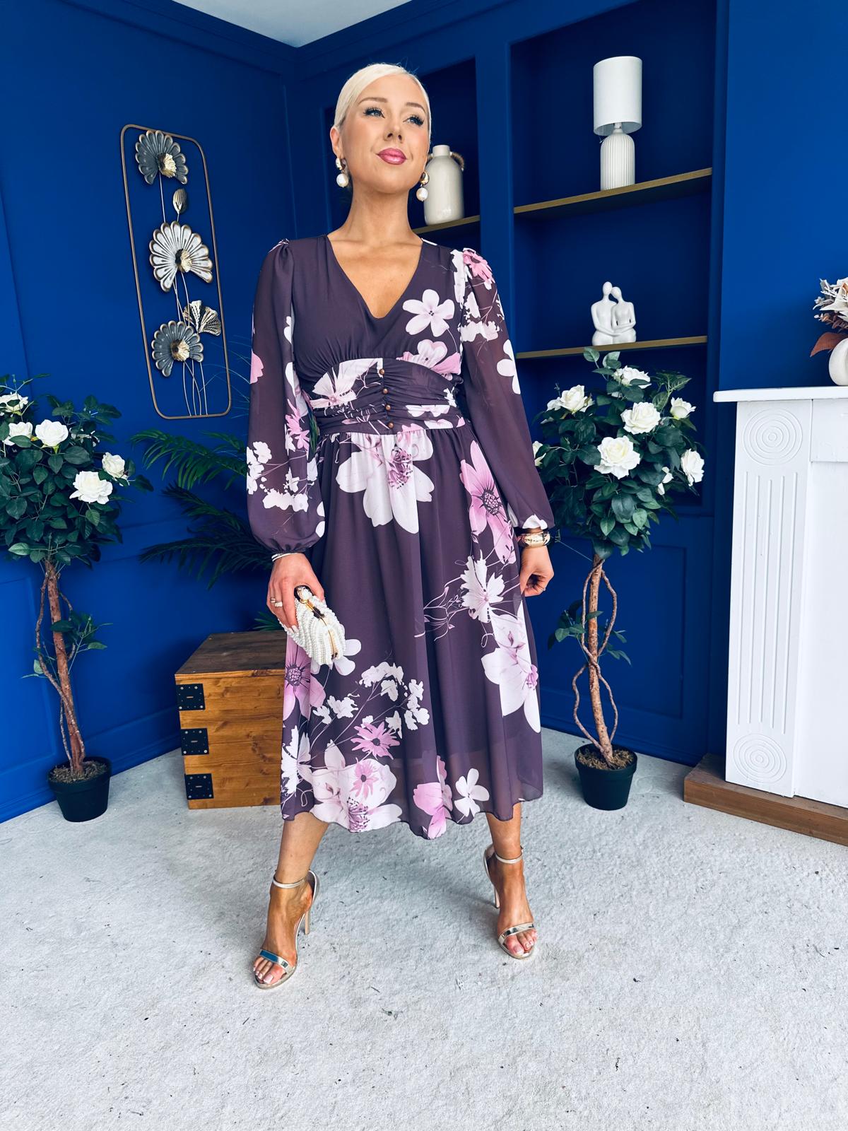 Bronagh Banded Midi Dress Floral Burgundy