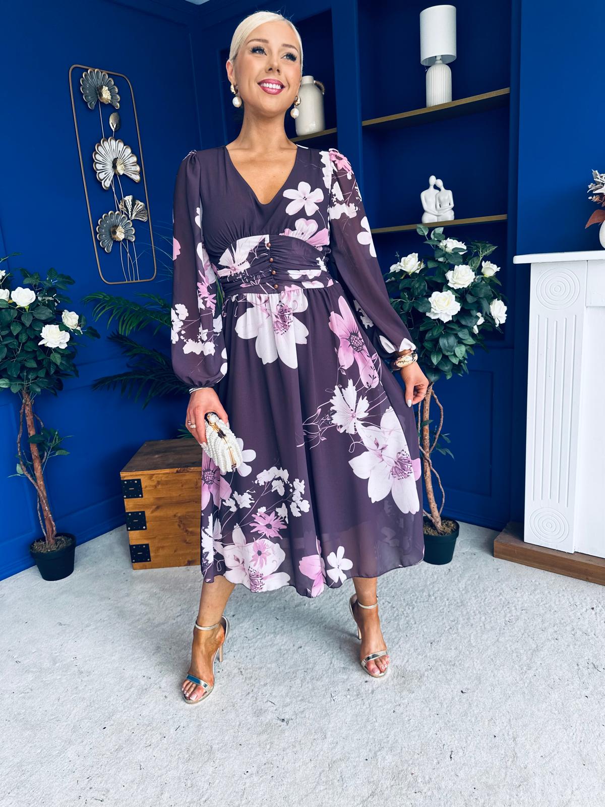 Bronagh Banded Midi Dress Floral Burgundy