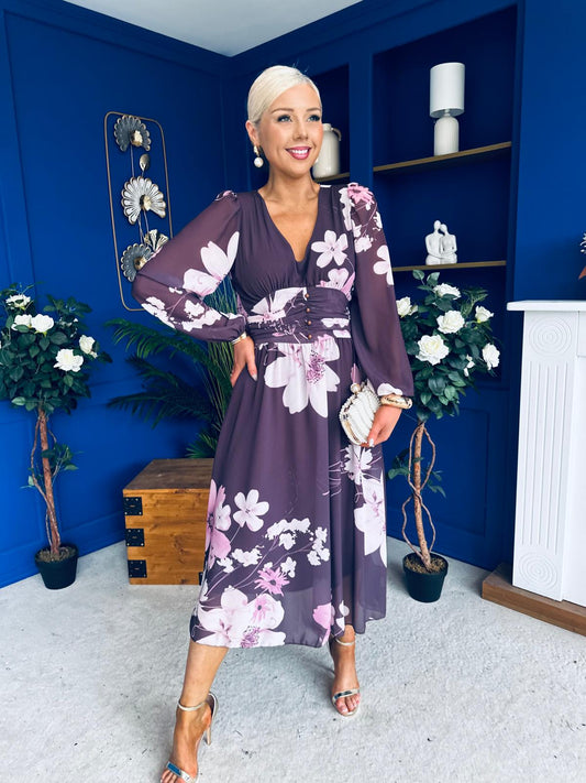 Bronagh Banded Midi Dress Floral Burgundy