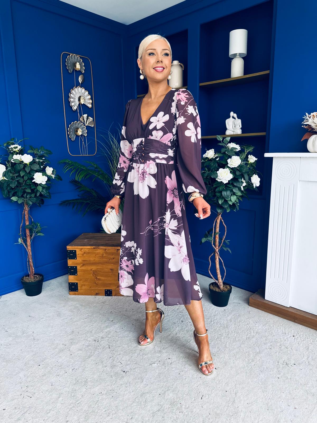 Bronagh Banded Midi Dress Floral Burgundy