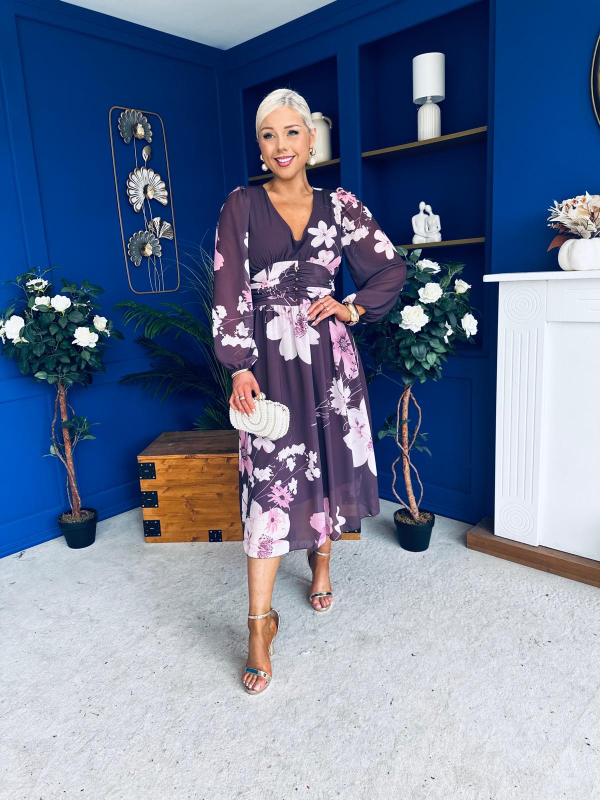 Bronagh Banded Midi Dress Floral Burgundy