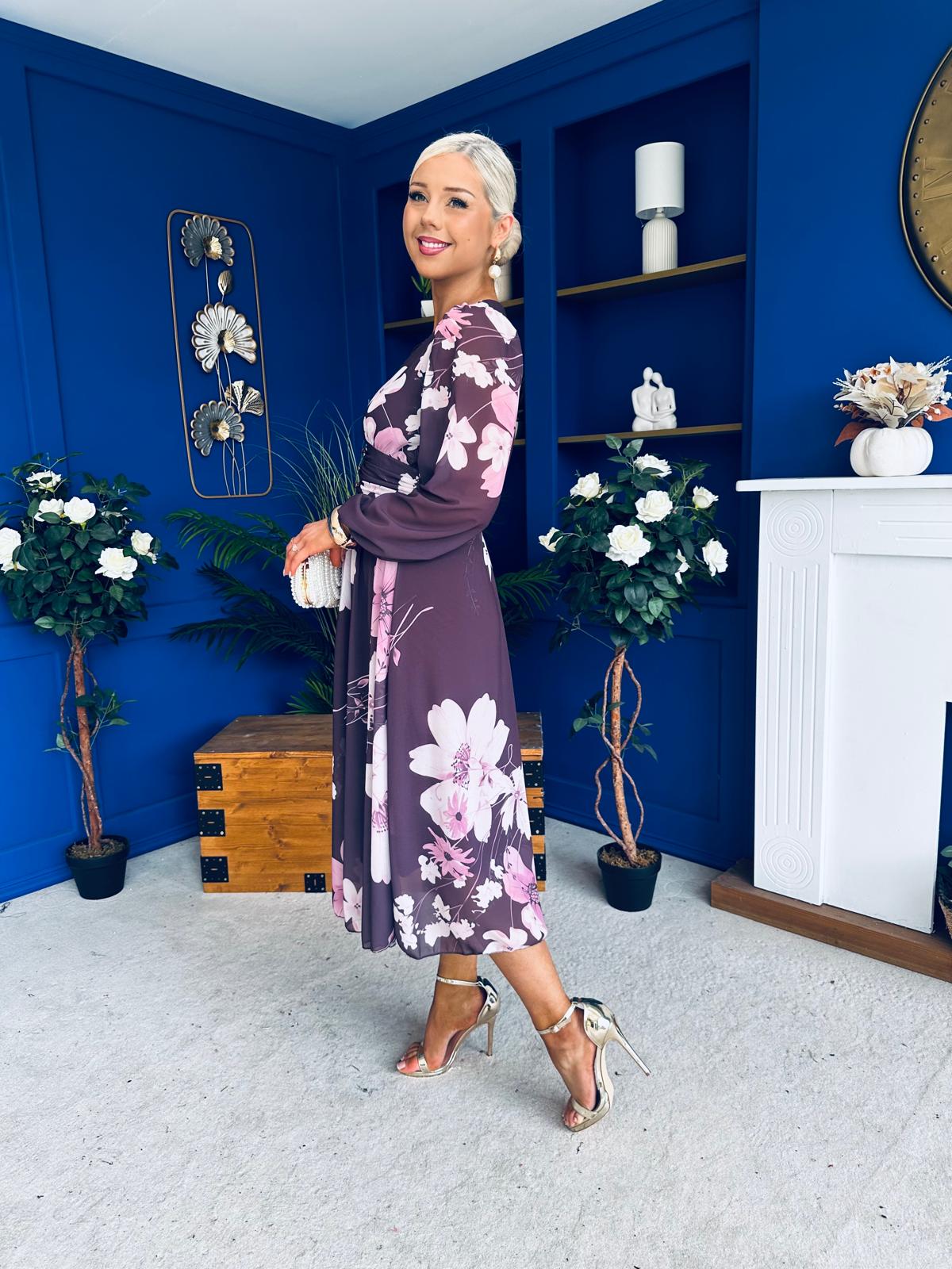 Bronagh Banded Midi Dress Floral Burgundy