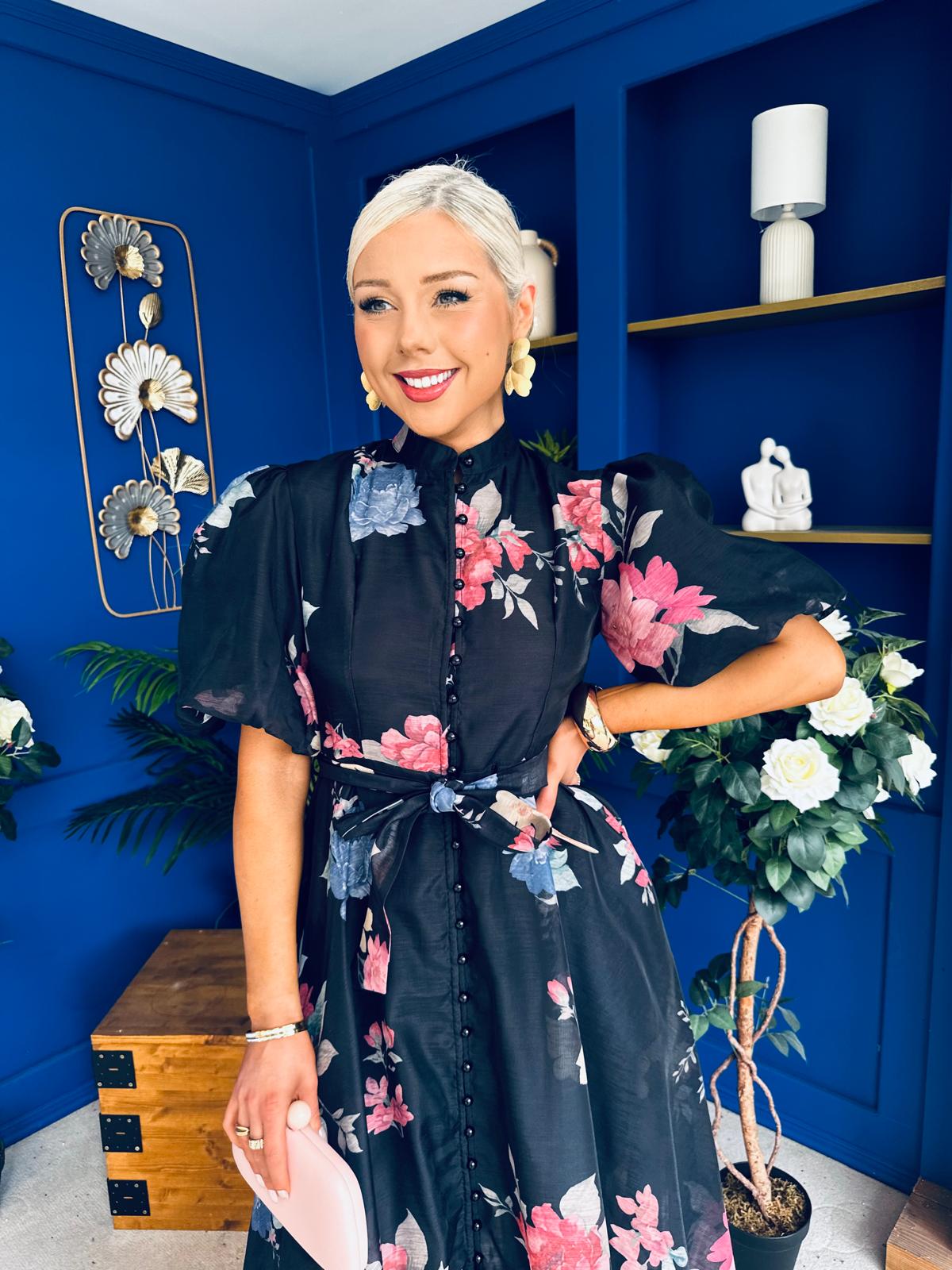 Elizabeth Detailed Shirt Dress Floral Black