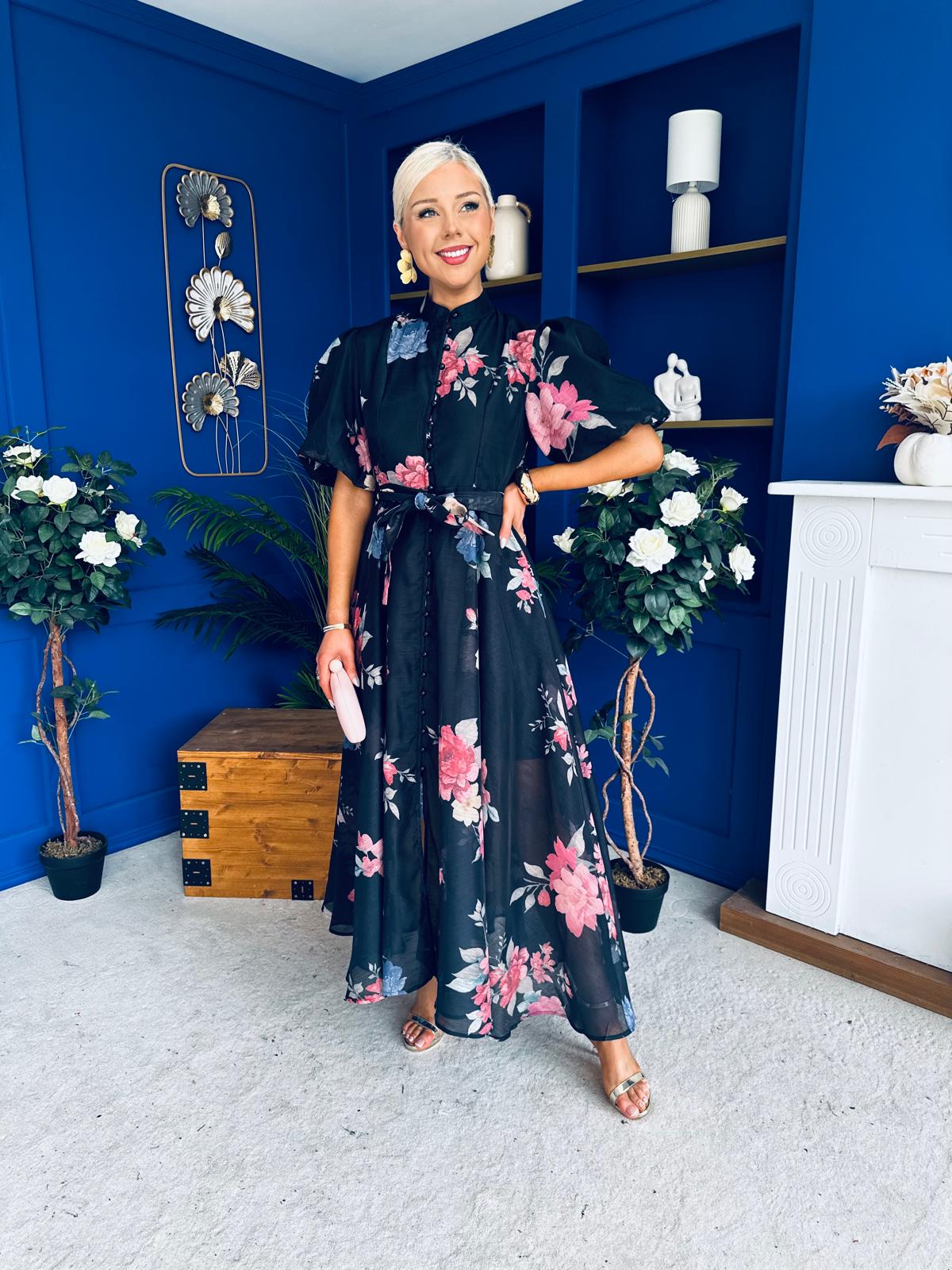 Elizabeth Detailed Shirt Dress Floral Black