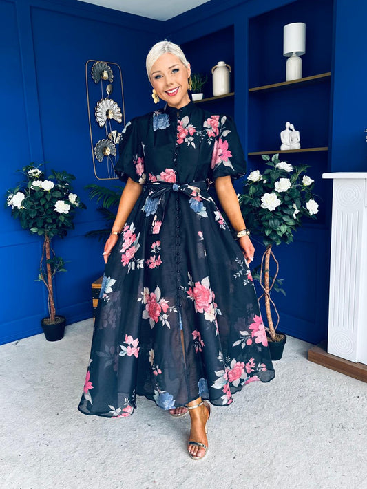 Elizabeth Detailed Shirt Dress Floral Black