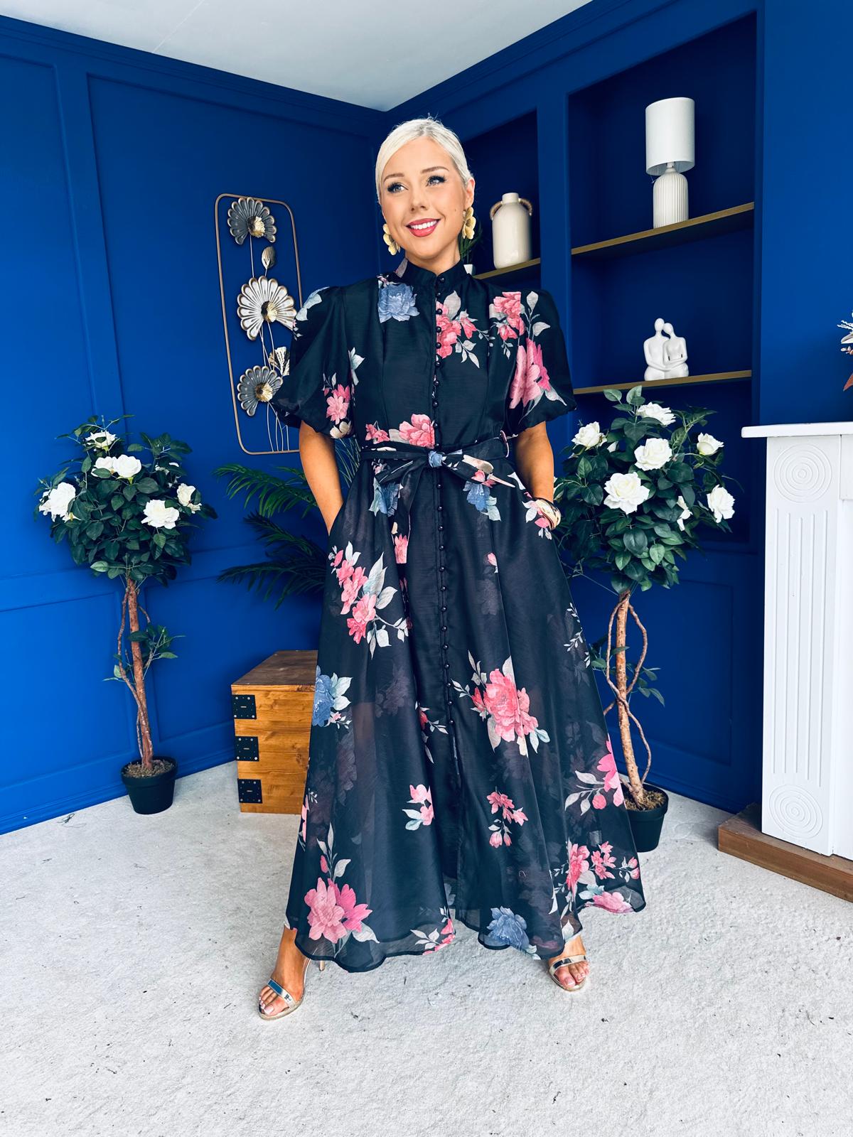 Elizabeth Detailed Shirt Dress Floral Black