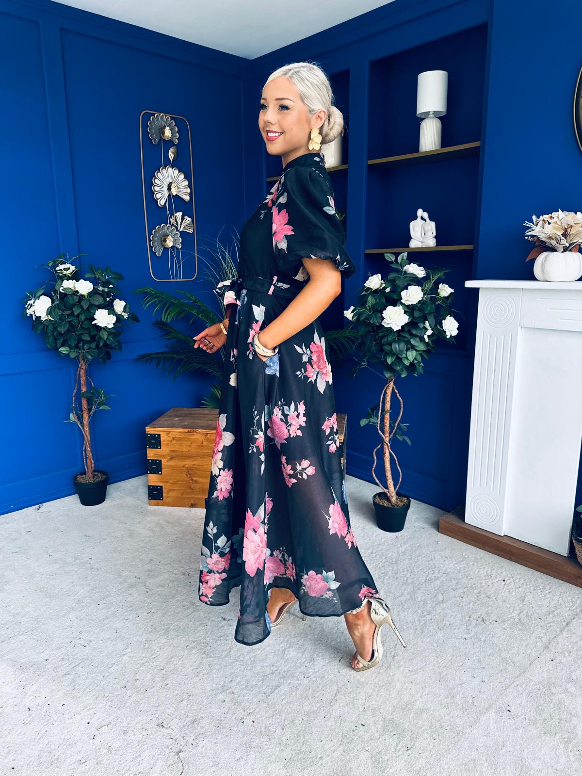 Elizabeth Detailed Shirt Dress Floral Black