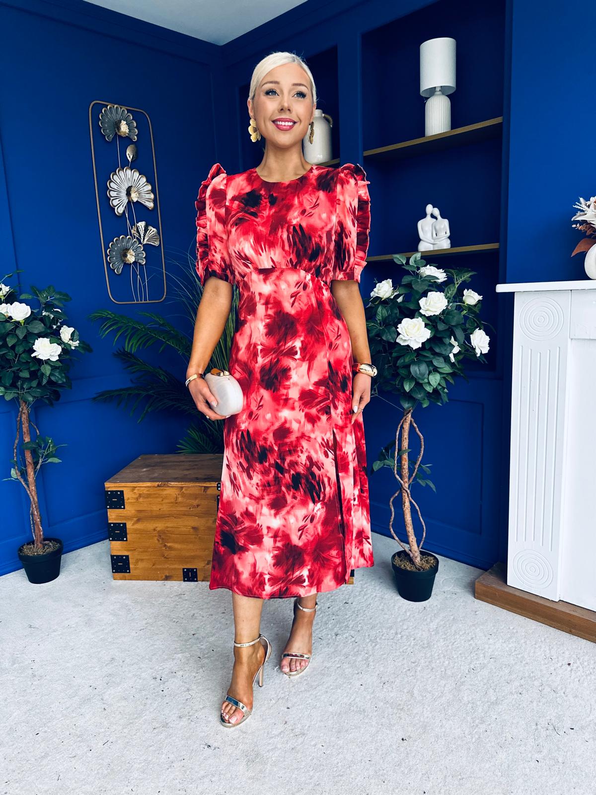 Samira Abstract Frill Sleeve Midi Dress Rouge