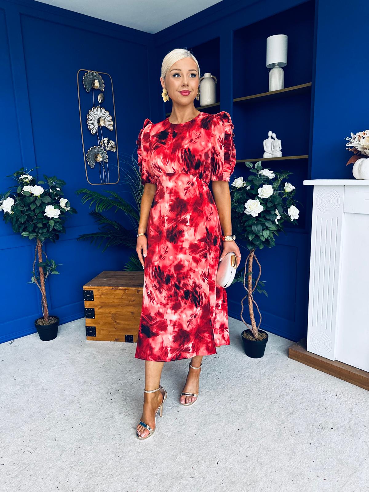 Samira Abstract Frill Sleeve Midi Dress Rouge