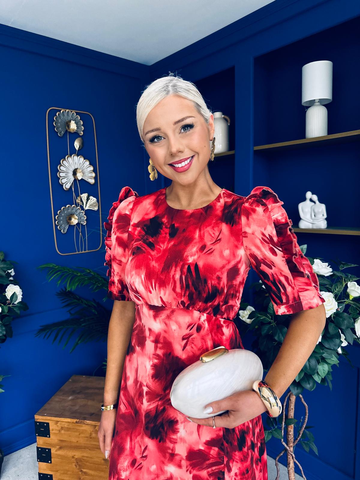 Samira Abstract Frill Sleeve Midi Dress Rouge