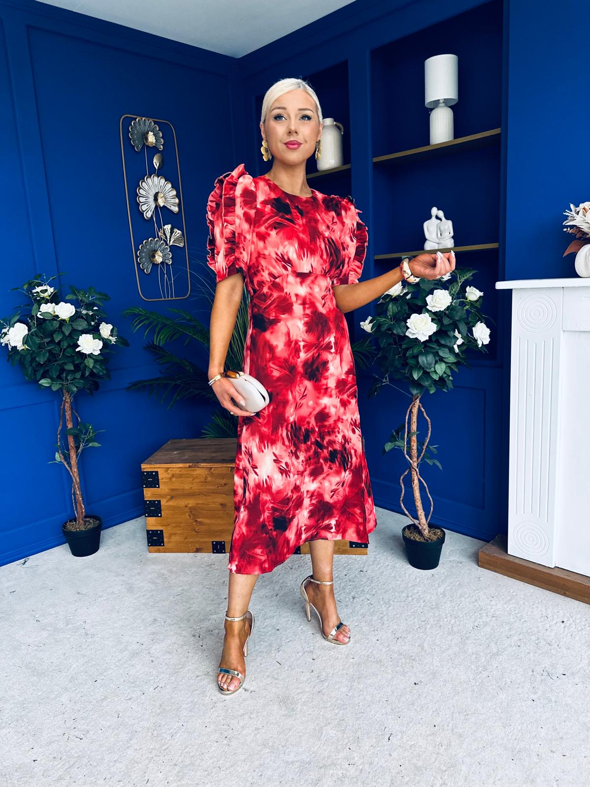 Samira Abstract Frill Sleeve Midi Dress Rouge