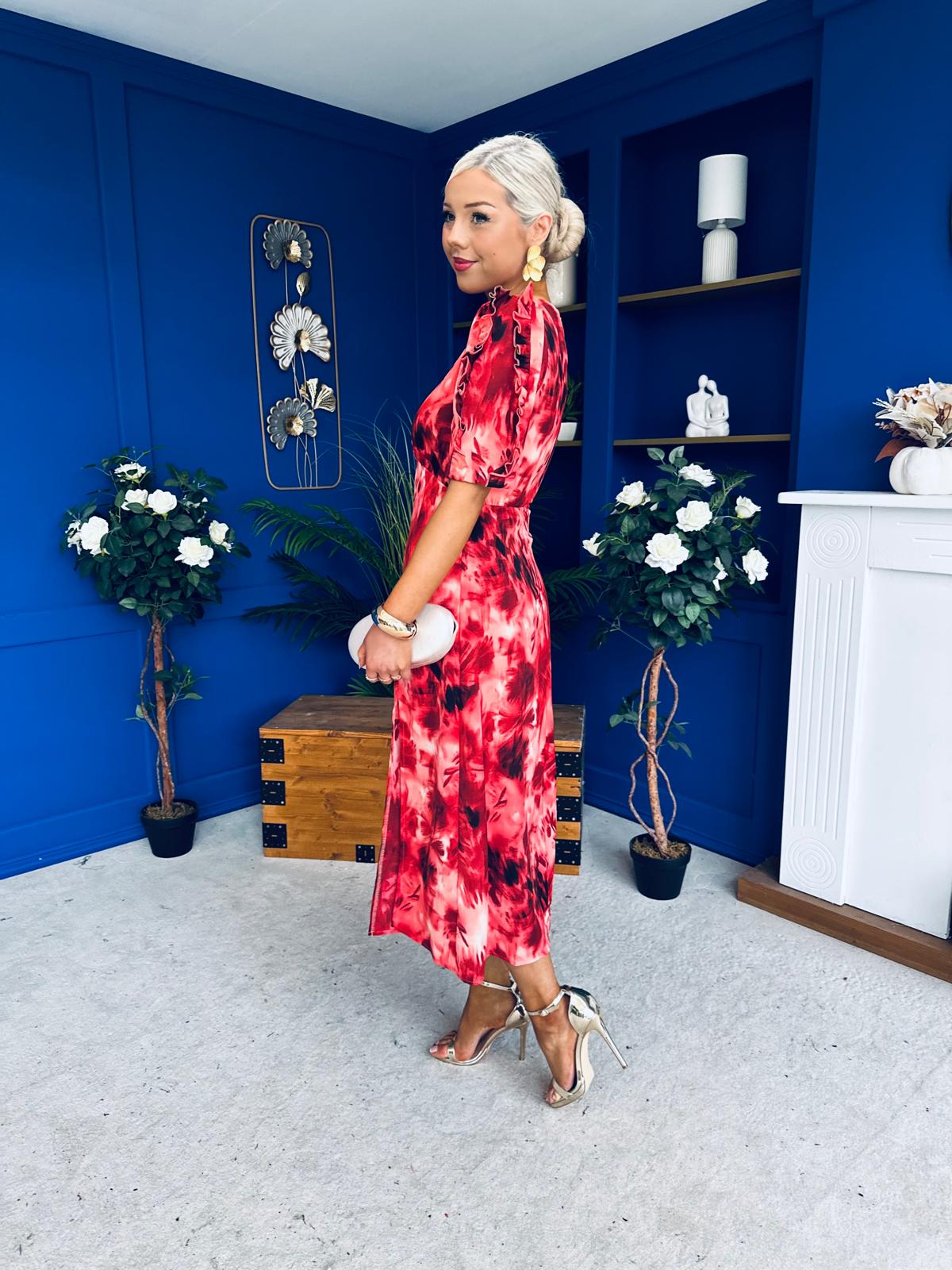 Samira Abstract Frill Sleeve Midi Dress Rouge