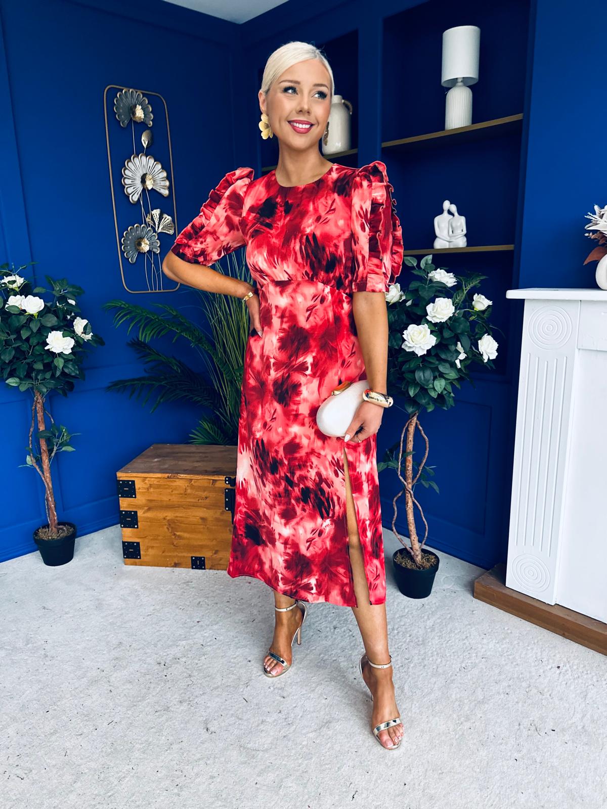 Samira Abstract Frill Sleeve Midi Dress Rouge