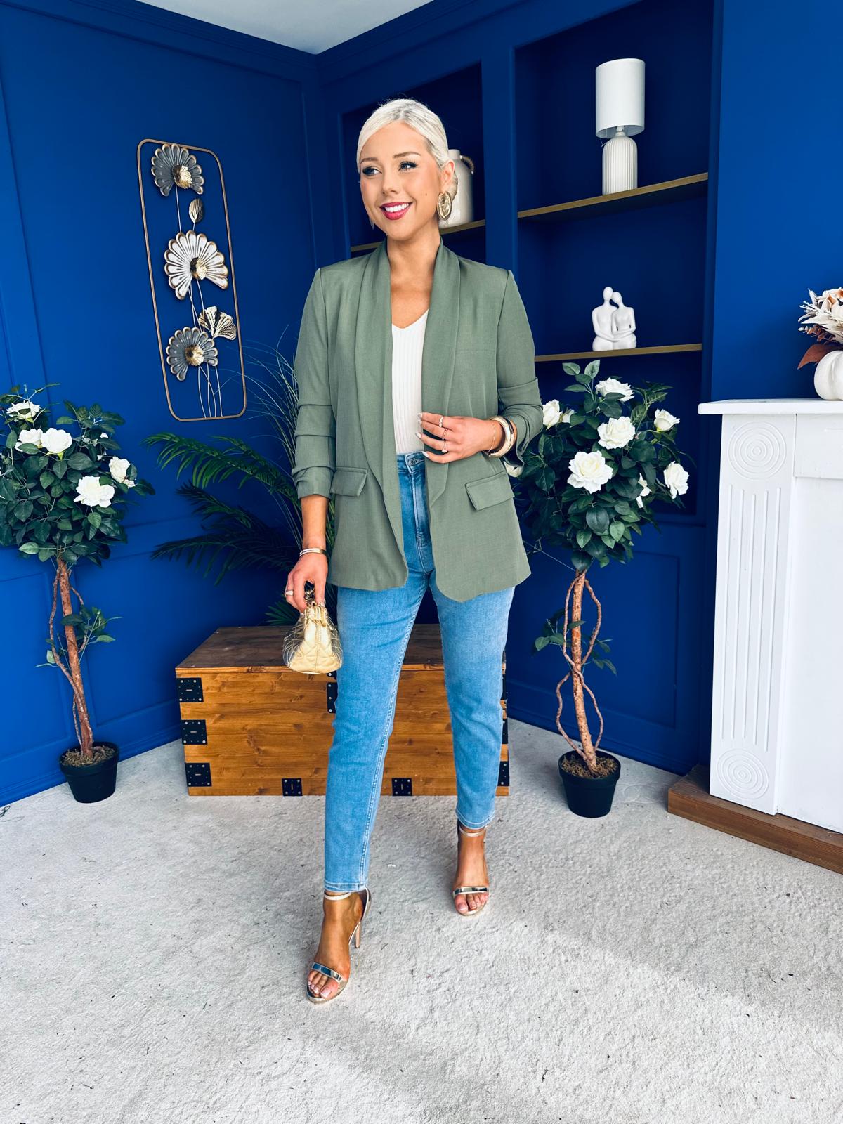 Sarah Gathered Sleeve Blazer Khaki
