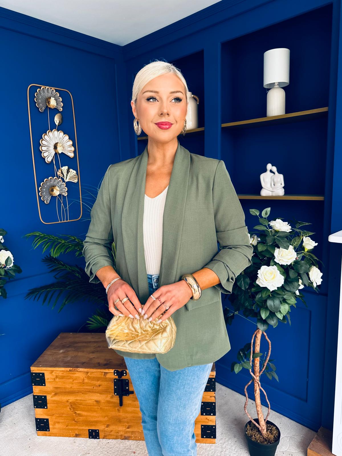 Sarah Gathered Sleeve Blazer Khaki