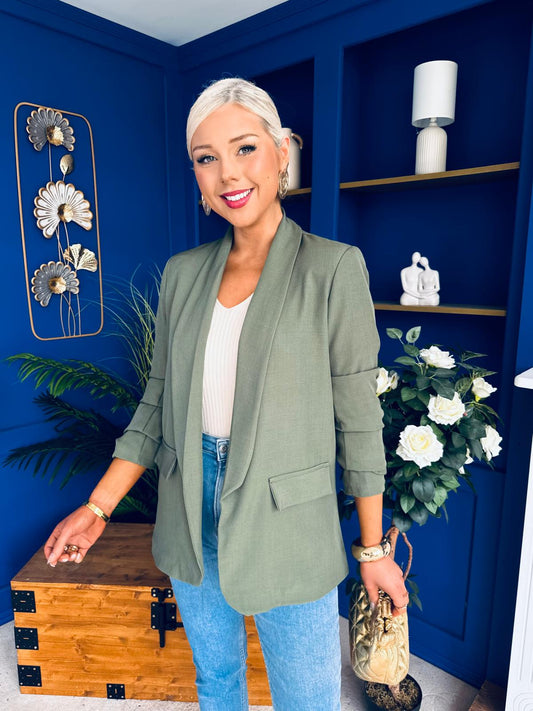 Sarah Gathered Sleeve Blazer Khaki