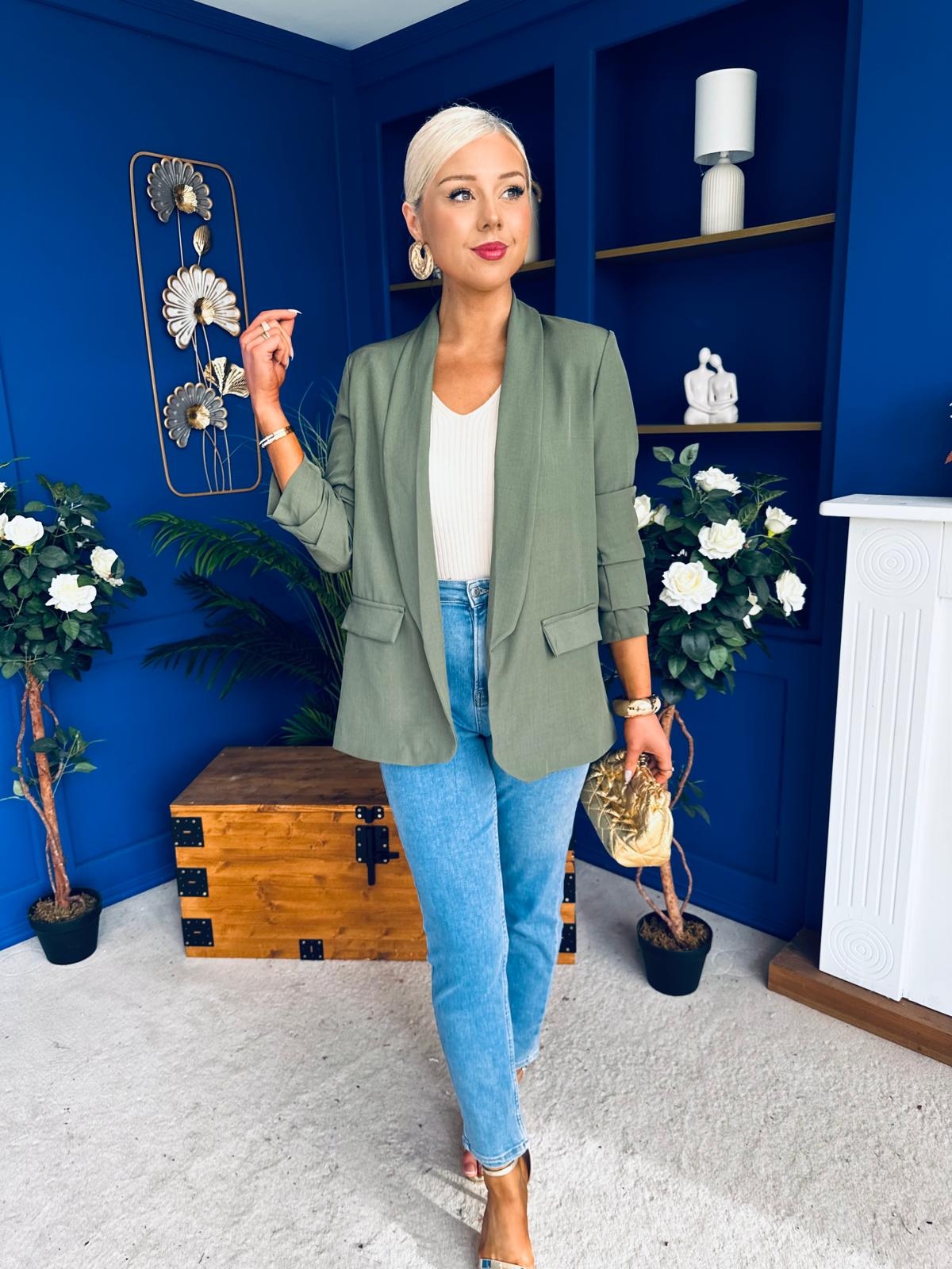 Sarah Gathered Sleeve Blazer Khaki