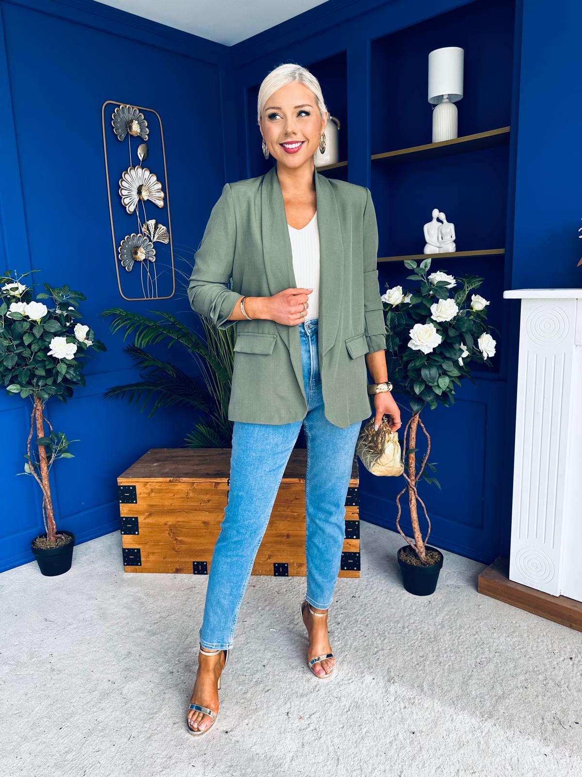 Sarah Gathered Sleeve Blazer Khaki