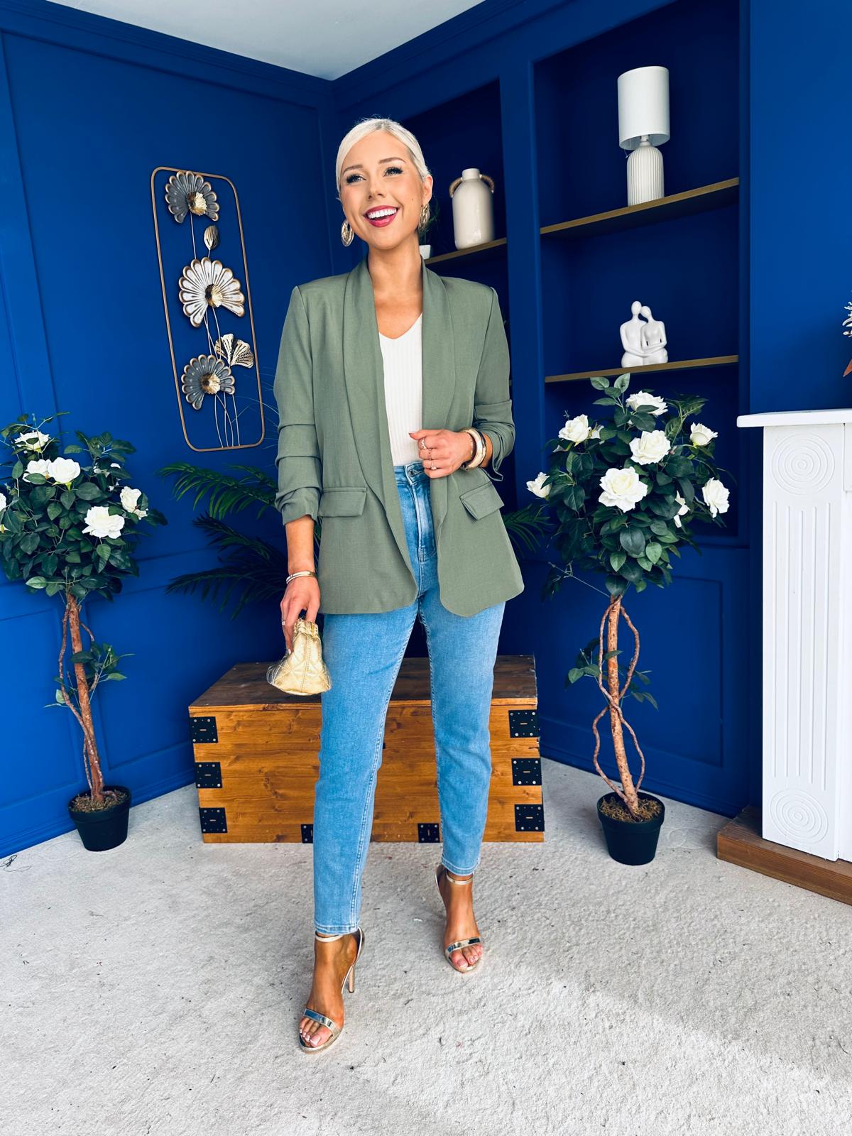 Sarah Gathered Sleeve Blazer Khaki