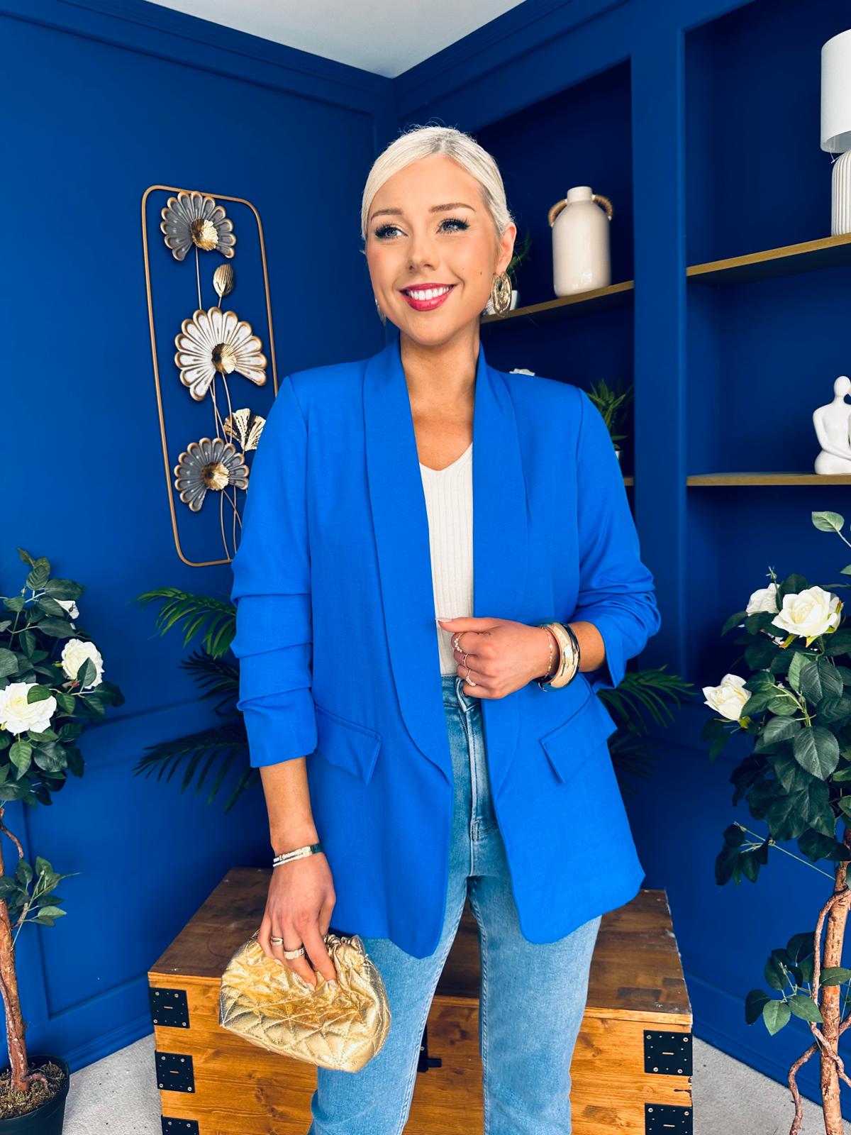 Sarah Gathered Sleeve Blazer Cobalt