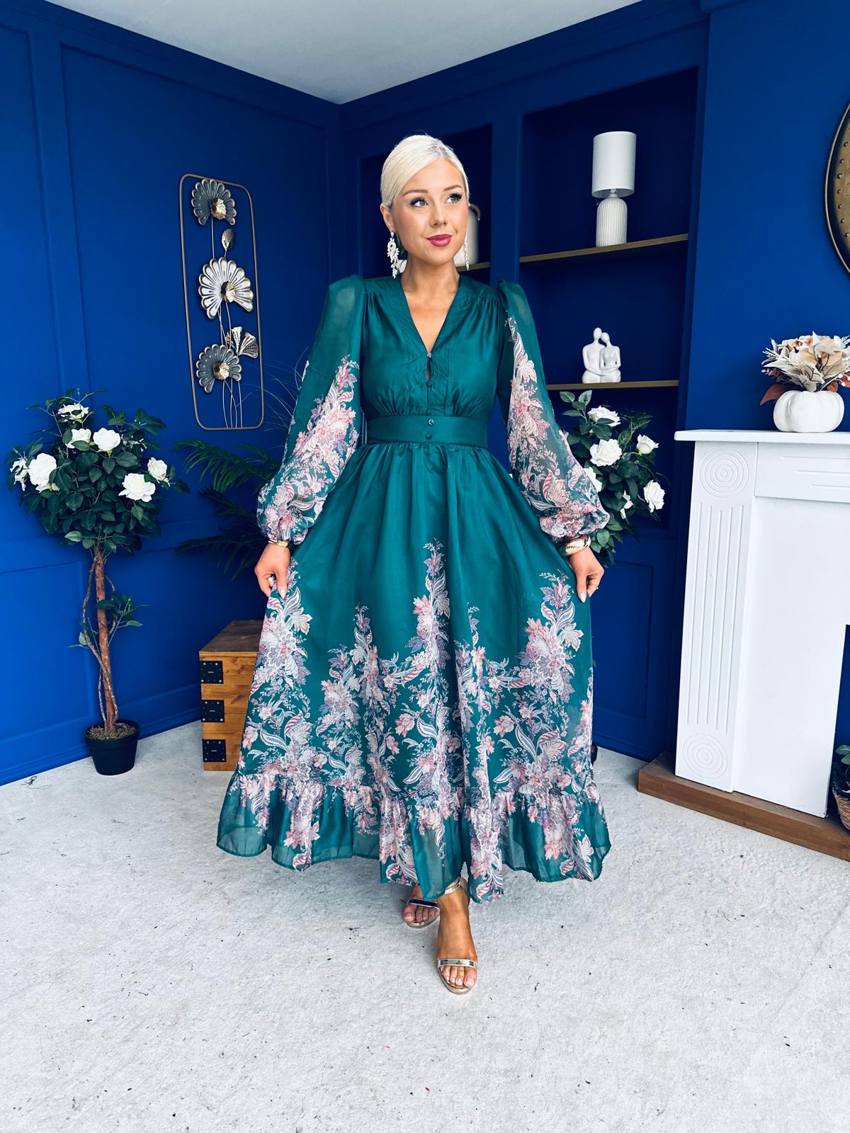 Margaret Banded Occasion Dress Floral Green