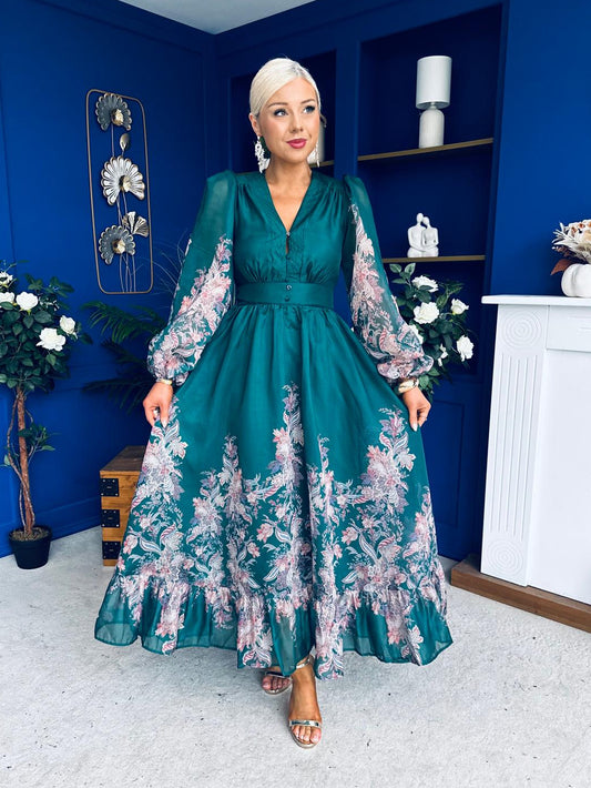 Margaret Banded Occasion Dress Floral Green