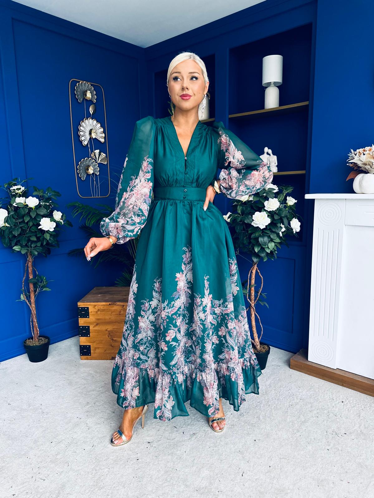 Margaret Banded Occasion Dress Floral Green