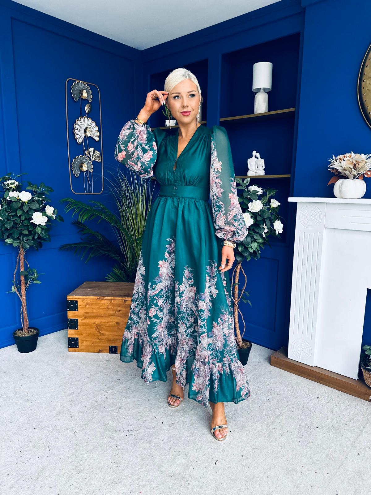 Margaret Banded Occasion Dress Floral Green